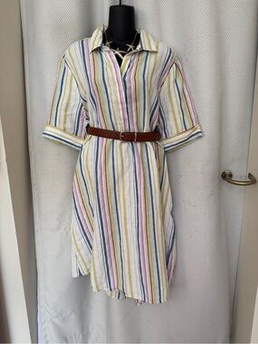 100% Linen Chico's Multicolor Striped Midi Shirt Dress